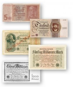 Das Bild zeigt Reichsmark-Geldscheine - Geld ist nur bedruckte Baumwolle und im Zweifel wertlos